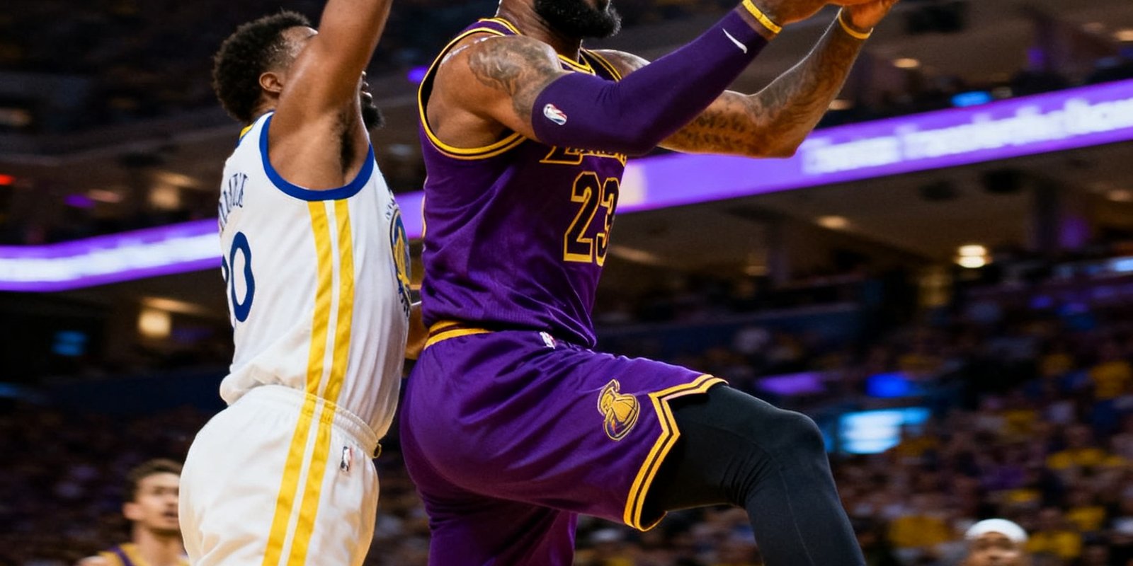 NBA常规赛湖人主场詹姆斯持球突破勇士防线飞身上篮的特写画面，球馆内紫金色灯光氛围浓烈